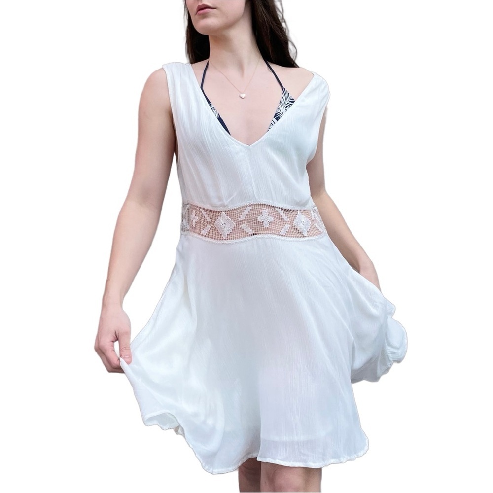 Free People Bohemian Beach Ivory Sheer Panel Swing Tank Slip Dress Medium